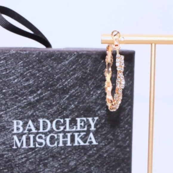 Badgley Mischka Rhinestone & Brass 1-1/2" Hoop Earrings - Picture 2 of 12